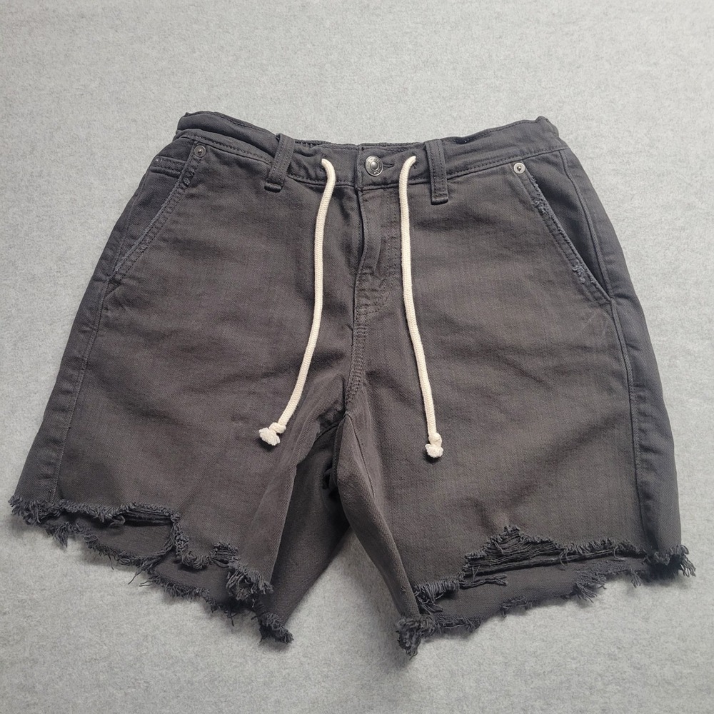 Aerie Real Good Distressed Denim Shorts Washed‎ Black Drawstring Womens XS NWT